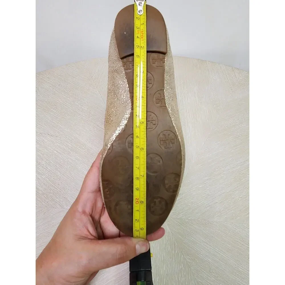 TORY BURCH 'Minnie' Travel Ballet Flat Royal Mettalic Gold Glitter Logo Sz 6M